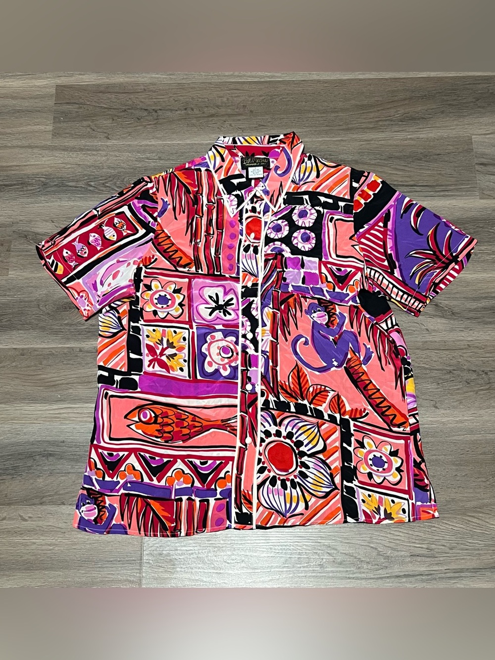 Vintage 90s Bob Mackie Wearable Art Large Blouse 100% Silk Pink Fish Monkey Cat